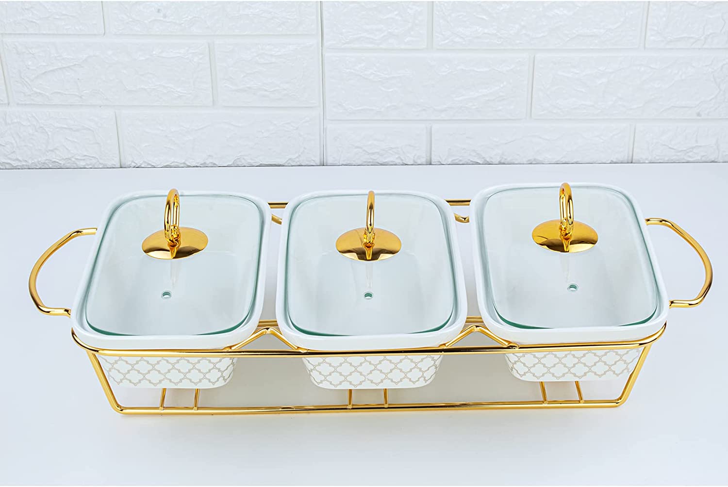 Shallow Triple Rectangular Porcelain Food Warmer with Lid and Golden Metal Rack سخان طعام ثلاثي مستطيل الشكل من البورسلين مع غطاء ورف معدني ذهبي من شالو Shallow Triple Rectangular Porcelain Food Warmer with Lid and Golden Metal Rack سخان طعام ثلاثي مستطيل الشكل من البورسلين مع غطاء ورف معدني ذهبي من شالو